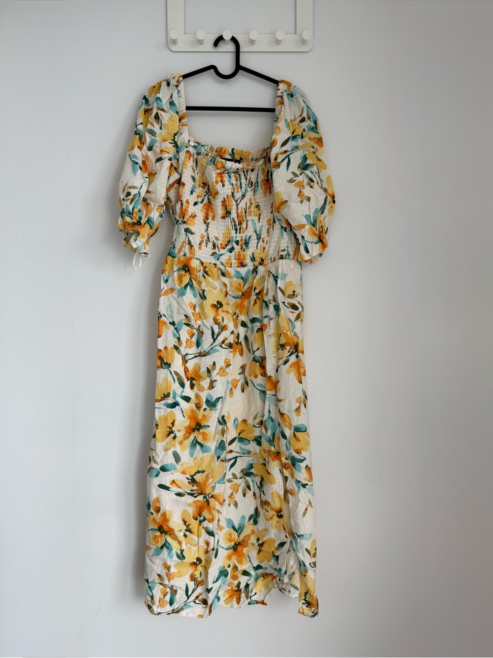 Floral Puff-Sleeve Midi Dress in Yellow and Teal